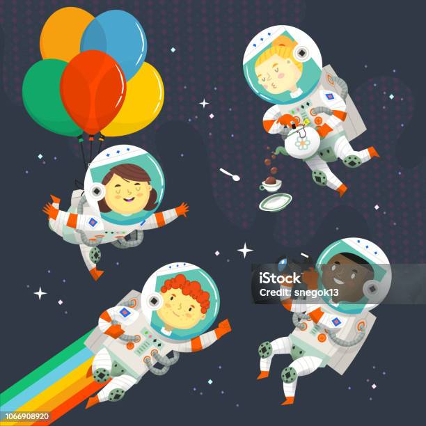 Set Of Kids In Space Suit Floating In The Sky Near Stars Having Fun At A Cosmic Birthday Party Stock Illustration - Download Image Now