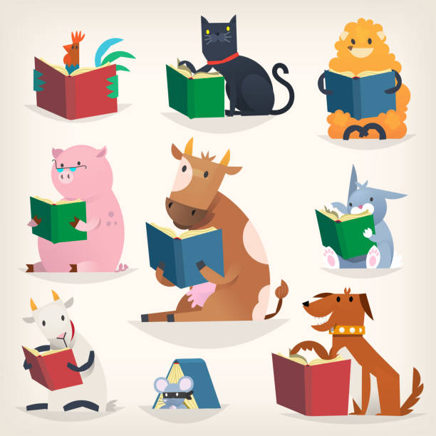 ilustraciones, imágenes clip art, dibujos animados e iconos de stock de animales libros con historias de lectura y traducción de otros idiomas. tratando de comprender a otros. - dog school illustrations