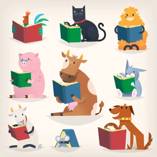 Vector illustration of Animals reading books with stories and translating other languages. Trying to understand others.