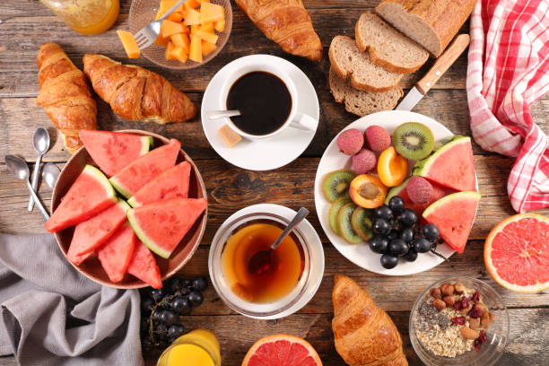 istock breakfast with tea,coffee, croissant and fruits 1066909118