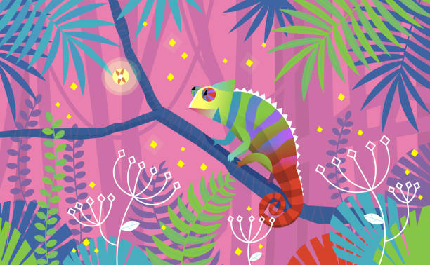 Colorful pink illustration with chameleon lizard sitting on a branch in tropical jungle. Surrounded by imaginary plants Colorful pink illustration with chameleon lizard sitting on a branch in tropical jungle. The animal is surrounded by imaginary plants and leaves. Vector illustration chameleon stock illustrations