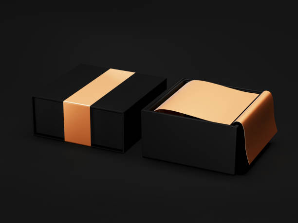 istock Opened Black Gift Box Mockup on black background, 3d rendering. Luxury packaging box for premium products. Square golden box on black background. Packing for mockup. Gift box. 1066911732