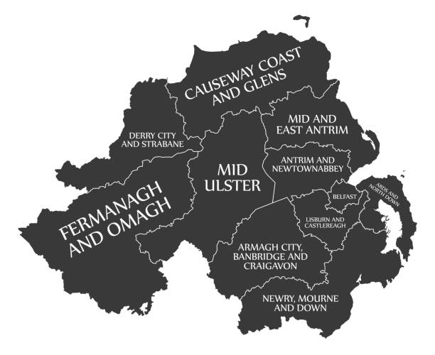 ilustraciones, imágenes clip art, dibujos animados e iconos de stock de mapa de condado de irlanda del norte desde 2015 etiquetados negro ilustración - northern ireland