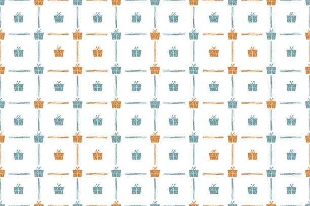 Vector illustration of Vector Illustration of a seamless Xmas background. Wrapped up Gift boxes in Vintage colors, pale blue and dull orange brown party and celebration theme.  ruffled lines forming squares on white background.