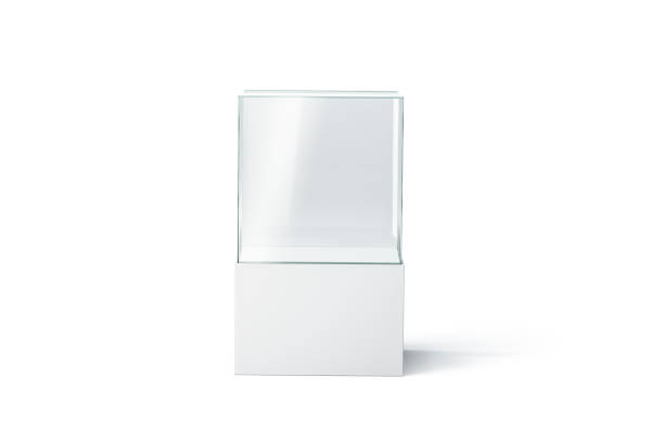 Blank white glass showcase mockup, isolated, front view Blank white glass showcase mockup, isolated, front view, 3d rendering. Empty presentation podium mock up. Clear transparent exhibition box template. Glass vitrine for boutique or gallery. acrylic glass stock pictures, royalty-free photos & images