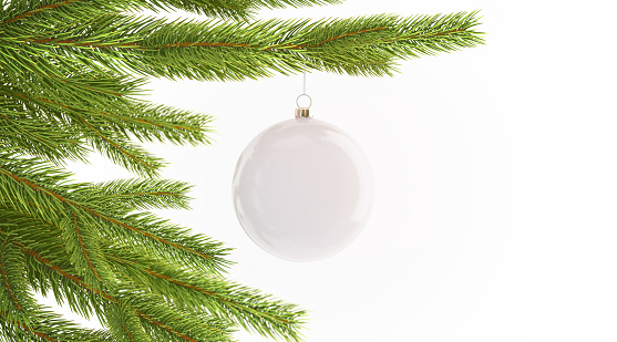 Blank white christmas ball hanging on pine mockup, isolated, 3d rendering. Empty decorated branch mock up. Clear toy on new year tree. Christmas tre with suspension sphere template.