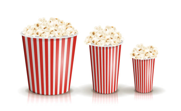 Vector set of full red-and-white striped popcorn buckets in different sizes. Vector set of full red-and-white striped popcorn buckets in different sizes. Realistic illustration. Big, middle, small portions of popcorn. Cardboard or paper buckets. Cinema snack or movie food. serving size stock illustrations