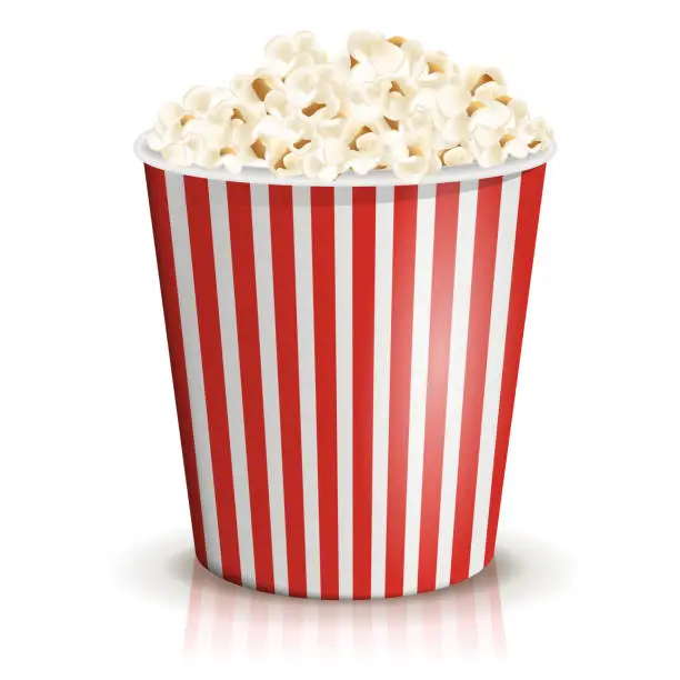 Vector illustration of A full red-and-white striped bucket of popcorn. Large or big portion.