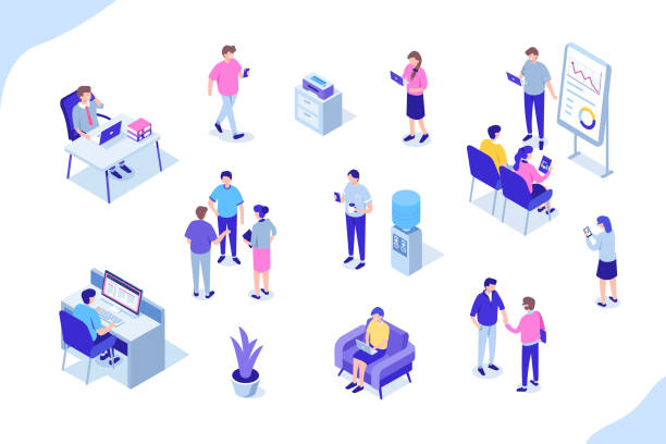 office people People do paperwork concept design. Can use for web banner, infographics, hero images. Flat isometric vector illustration isolated on white background. talking on office phone stock illustrations