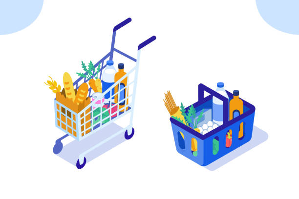 grocery Grocery cart and basket. Flat isometric vector illustration isolated on white background. cart illustrations stock illustrations