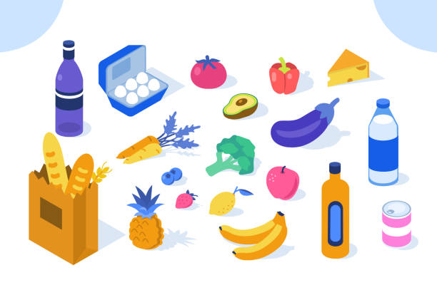 grocery products Grocery products icons. Flat isometric vector illustration isolated on white background. local products stock illustrations