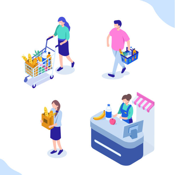 продуктовые люди - grocery shopping stock illustrations