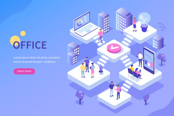 office People in open space office concept design. Can use for web banner, infographics, hero images. Flat isometric vector illustration isolated on white background. mobile phone finance business technology stock illustrations