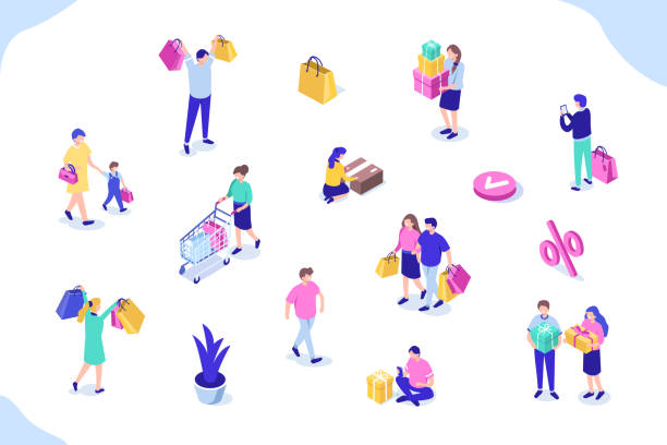 shopping people Different people with gift boxes and shopping bags. Can use for web banner, infographics, hero images. Flat isometric vector illustration isolated on white background. shopping illustrations stock illustrations