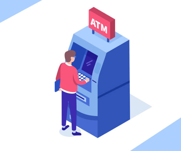 atm Man customer standing near atm machine. Can use for web banner, infographics, hero images. Flat isometric vector illustration isolated on white background. atm stock illustrations