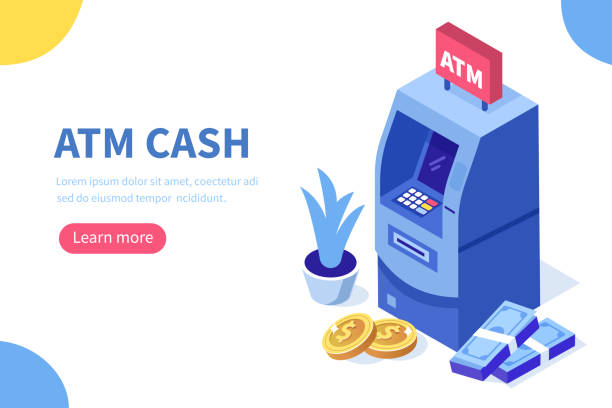 atm Atm machine and cash money. Can use for web banner, infographics, hero images. Flat isometric vector illustration isolated on white background. atm illustrations stock illustrations