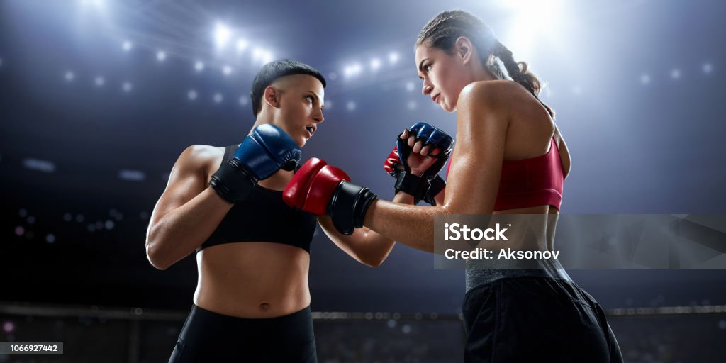 Female MMA fighters in professional boxing ring Muscular female Mixed Martial Arts athletes in professional ring face to face Active Lifestyle Stock Photo