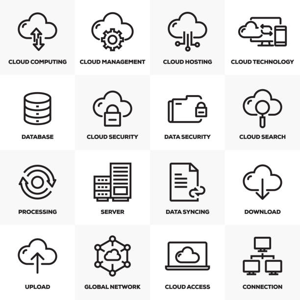 ilustrações, clipart, desenhos animados e ícones de nuvem de hospedagem de conjunto de ícones de linha - wireless technology transfer image cloud symbol