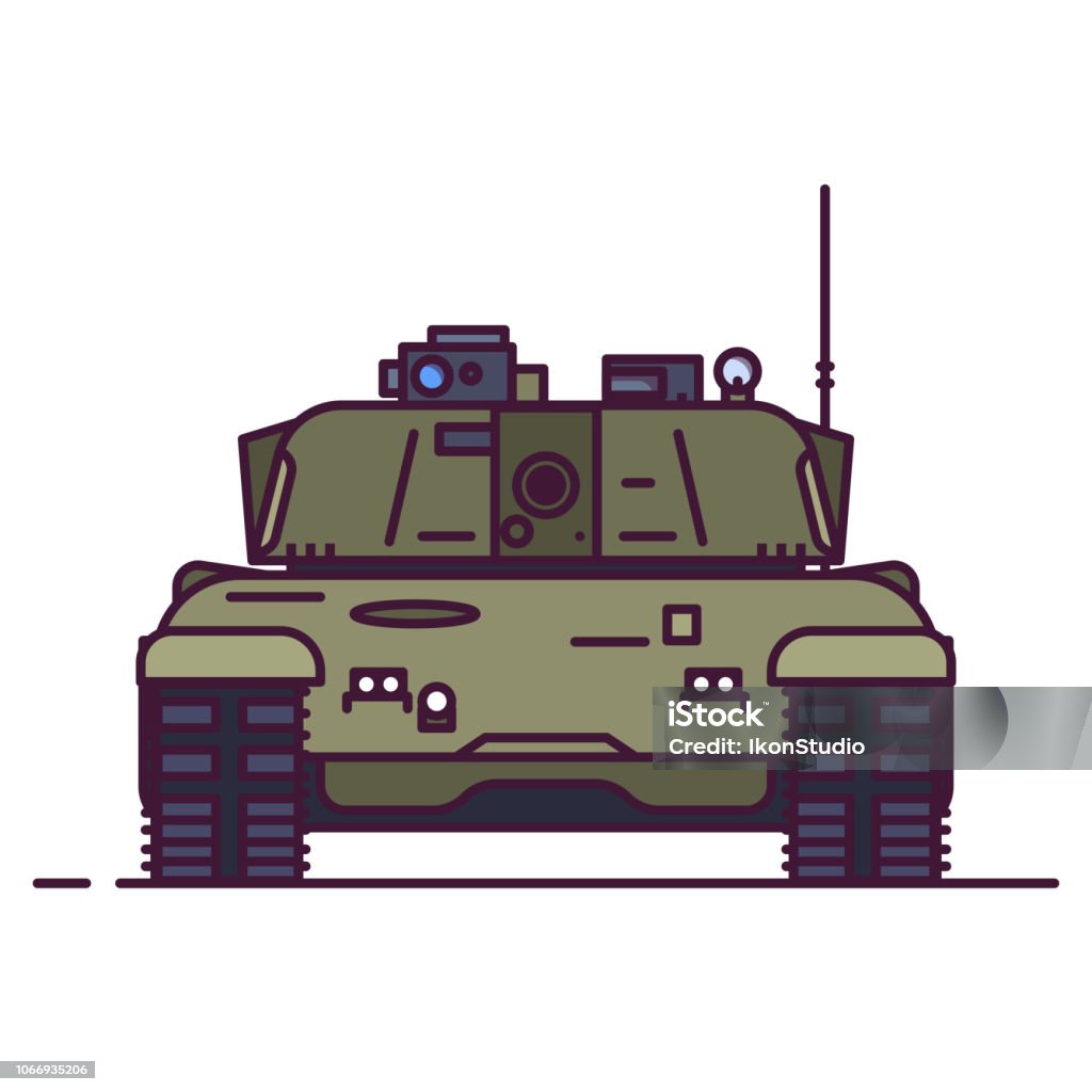 Front view of main battle tank Front view of modern battle tank. Line style vector illustration. Military vehicle concept. Armored tank with barrel and turret in green and olive camouflage. Linear style. Armed Forces stock vector