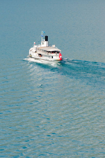 łódź pasażerska nad jeziorem thun widziana z wieży zamku spiez, szwajcaria - jungfrau region zdjęcia i obrazy z banku zdjęć