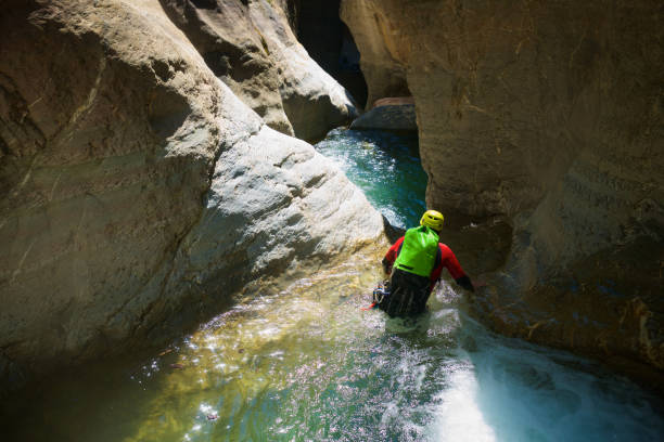 Canyoneering in Spain Canyoning in Gorgol Canyon in Pyrenees, Huesca Province, Aragon in Spain. canyoneering stock pictures, royalty-free photos & images