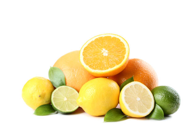 istock Citrus fruits with green leafs isolated on white background 1066938208