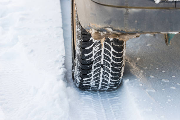 istock Car tires on winter road 1066938240
