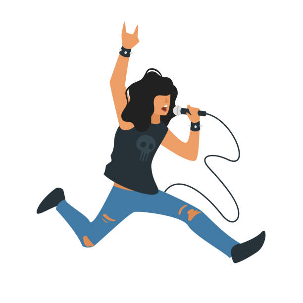rock and roll singer Vector flat style young rock and roll singer with microphone. Singing metal music beautiful man character. Minimalism design with people silhouettes. rock musician stock illustrations