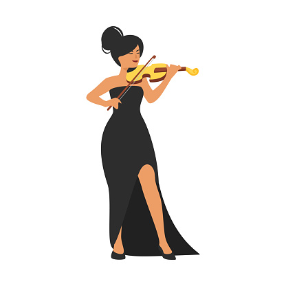 Vector flat style young violin musician. Beautiful woman character in black dress. Minimalism design with people silhouettes.