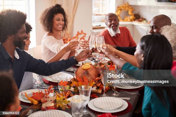Multi Generation Mixed Race Family Raise Their Glasses To Make A Toast At Their Thanksgiving Dinner Table Stock Photo - Download Image Now