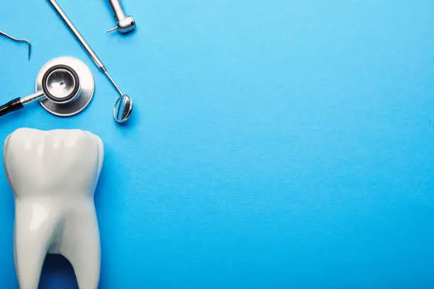 Photo of flat lay with tooth model, stethoscope and sterile dental instruments arranged on blue backdrop