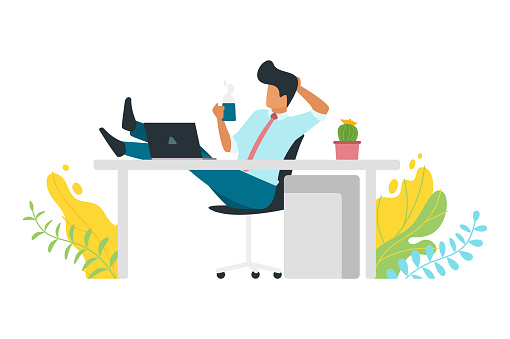 Coffee break concept with businessman reclining with his feet up on desk and holding cup at the workplace. Modern office illustration. Minimalism design with people silhouettes.