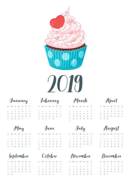 Vector illustration of 2019 year calendar with cupcake