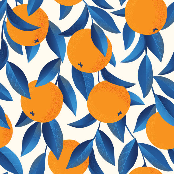 오렌지와 열 대 완벽 한 패턴입니다. 과일 배경 반복. 벡터 직물 또는 벽지 밝은 인쇄. - 주황색 일러스트 stock illustrations