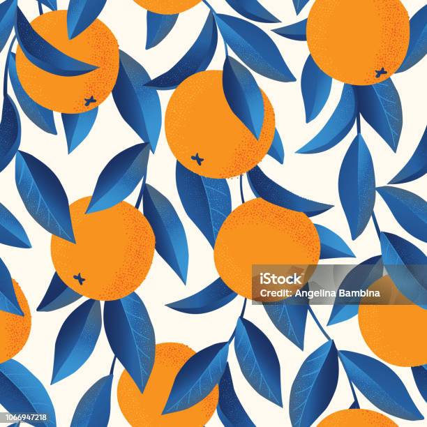 Tropical Seamless Pattern With Oranges Fruit Repeated Background Vector Bright Print For Fabric Or Wallpaper Stock Illustration - Download Image Now