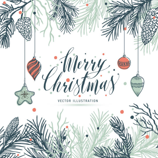 поздравительная открытка мери рождество с сосной и стробиле и игрушками. - pinaceae stock illustrations