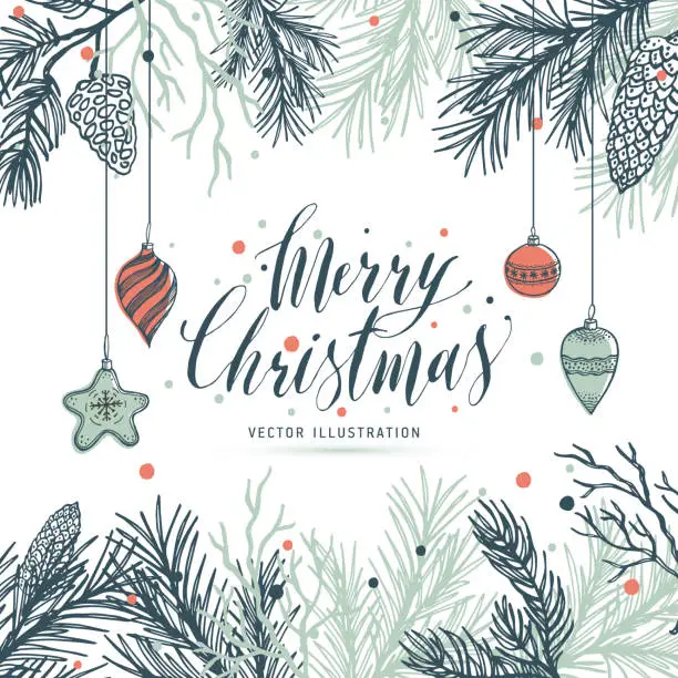 Vector illustration of Greeting card mery christmas with pine and strobile and toys.