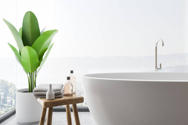 istock Bathtub close up in panoramic bathroom 1066947710