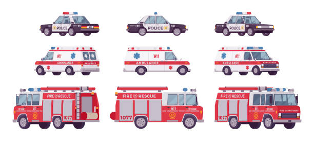 Police car, ambulance, fire truck set Police car, ambulance, fire truck set. Official city vehicle, alarm automobiles to help, protect and serve on road, urban emergency service. Vector flat style cartoon illustration on white background ambulance stock illustrations