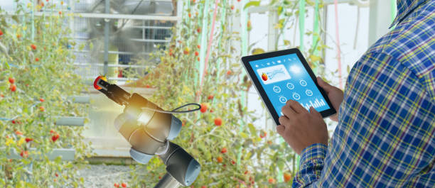 istock iot smart industry robot 4.0 agriculture concept,industrial agronomist,farmer using software Artificial intelligence technology in tablet to monitoring condition and control automatic robotics in farm 1066949442