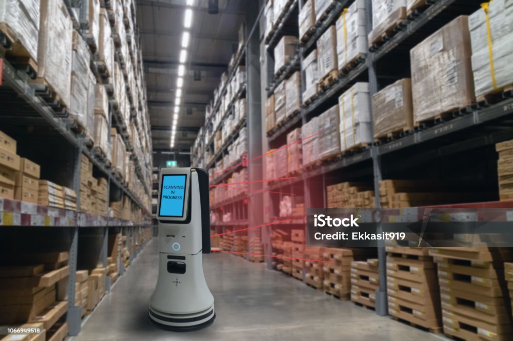 smart retail concept, robot service use for check the data of or Stores that stock goods on shelves with easily-viewed barcode and prices or photo compared against an idealized representation of store Robot Stock Photo