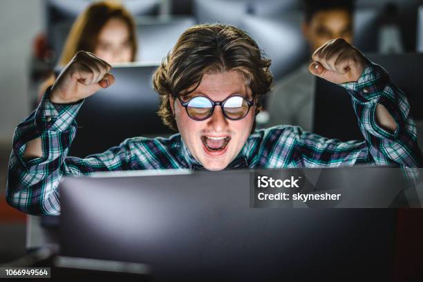 Successful Nerdy Student Learning Over Desktop Pc At Computer Lab Stock ...