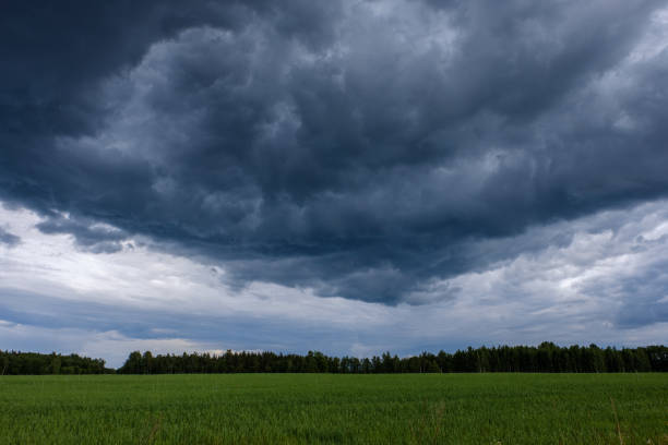 istock contrast rain storm clouds over green meadow and some trees in summer 1066954592
