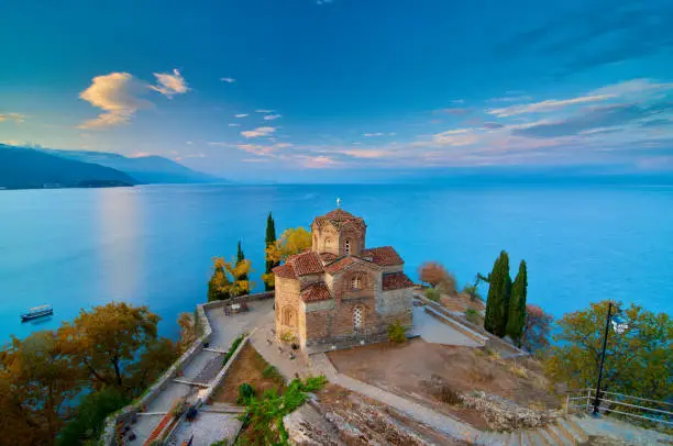 Breathtaking view of Saint John at Kaneo in the morning. It's a Macedonian Orthodox church situated on the cliff over Kaneo Beach overlooking Lake Ohrid in the city of Ohrid, Republic of Macedonia.