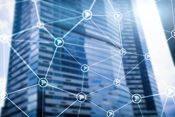 istock Wifi network on blurred business center background. 1066960040