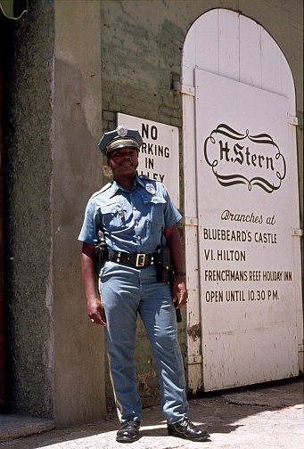 St. Thomas, US Virgin Islands, 1977. Security guard on a street in St. Thomas.