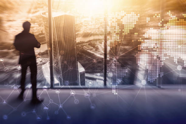 istock Double exposure mixed media. Diagrams, icons and relations structure on hologram screen. Business people and modern city on background. 1066961112