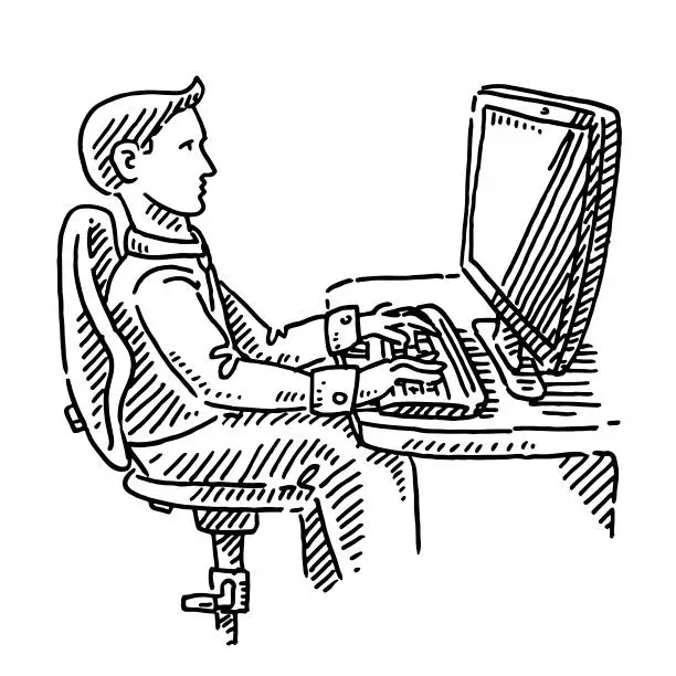 Vector illustration of Person Sitting On A Desktop Computer Workplace Drawing