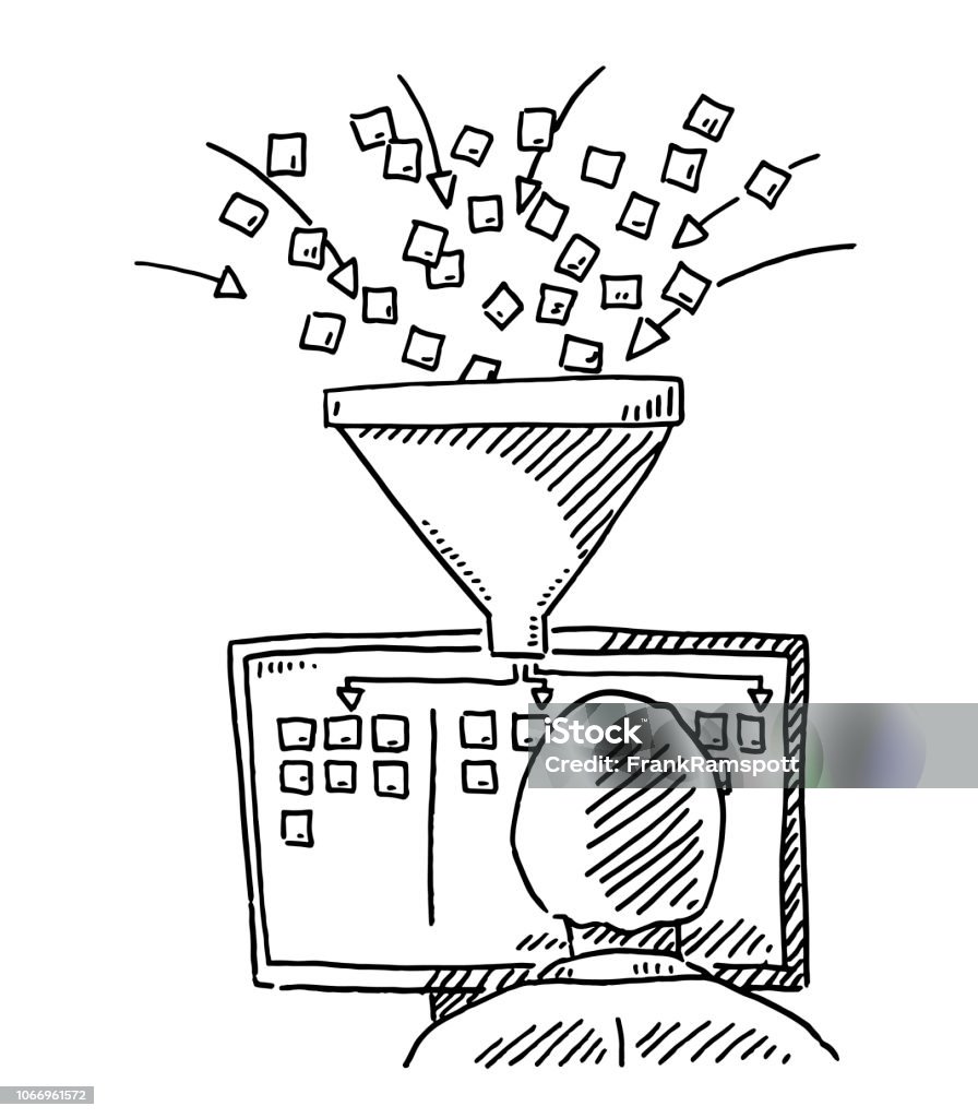 Data Mining Structure Computer Workplace Concept Drawing Hand-drawn vector drawing of a Human Figure Holding a Funnel, Data Analysis Concept. Black-and-White sketch on a transparent background (.eps-file). Included files are EPS (v10) and Hi-Res JPG. Analyzing stock vector