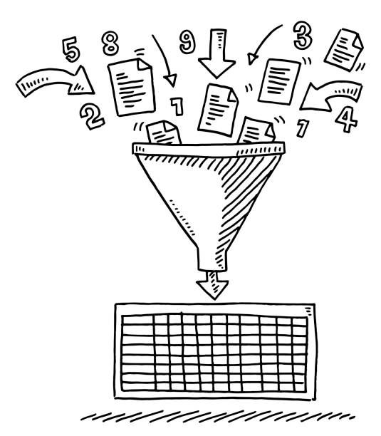 データの並べ替えのスプレッドシート図面を漏斗します。 - データマイニング点のイラスト素材／クリップアート素材／マンガ素材／アイコン素材